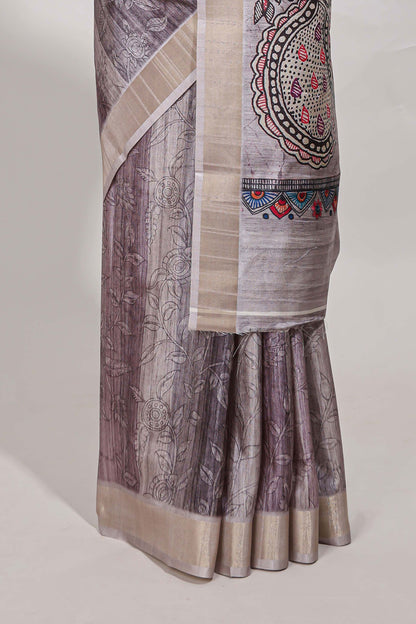 Multi colour kalamakri tussar saree body with floral creeper prints zari border and kalamkari peacock motif print pallu