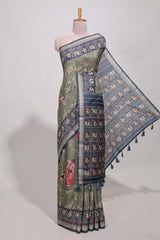 Olive green patola and pichwai tussar saree zari bordergeomatricmatching pallu along with tussels