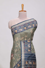 Olive green patola and pichwai tussar saree zari bordergeomatricmatching pallu along with tussels
