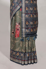 Olive green patola and pichwai tussar saree zari bordergeomatricmatching pallu along with tussels