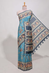 Blue patolatussar saree pichwai art and peacock motifs elephant designs with rich matching pallu along with tussels