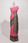 Bright pink semi tussar sareeall-over fine checked zari with border geometric zig-zag metallic weaving and contrast blouse
