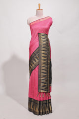 Bright pink semi tussar sareeall-over fine checked zari with border geometric zig-zag metallic weaving and contrast blouse