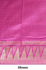 Peach semi tussar sareeall-over fine checked zari with border geometric zig-zag metallic weaving and contrast blouse