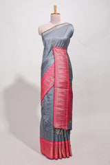 Gray semi tussar sareeall-over fine checked zari with border geometric zig-zag metallic weaving and contrast blouse