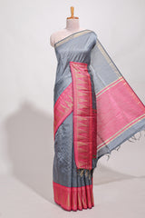 Gray semi tussar sareeall-over fine checked zari with border geometric zig-zag metallic weaving and contrast blouse