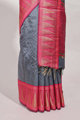 Gray semi tussar sareeall-over fine checked zari with border geometric zig-zag metallic weaving and contrast blouse