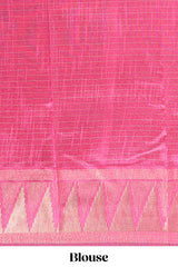 Gray semi tussar sareeall-over fine checked zari with border geometric zig-zag metallic weaving and contrast blouse