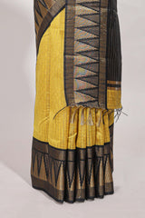 Yellow semi tussar sareeall-over fine checked zari with border geometric zig-zag metallic weaving and contrast blouse