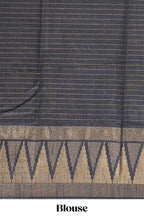 Yellow semi tussar saree  all-over fine checked zari with border geometric zig-zag metallic weaving and contrast blouse