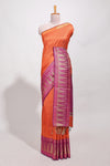 Orange semi tussar sareeall-over fine checked zari with border geometric zig-zag metallic weaving and contrast blouse