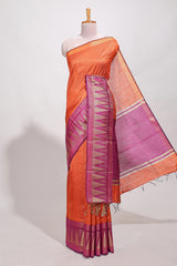 Orange semi tussar sareeall-over fine checked zari with border geometric zig-zag metallic weaving and contrast blouse