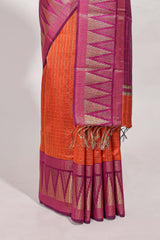 Orange semi tussar sareeall-over fine checked zari with border geometric zig-zag metallic weaving and contrast blouse