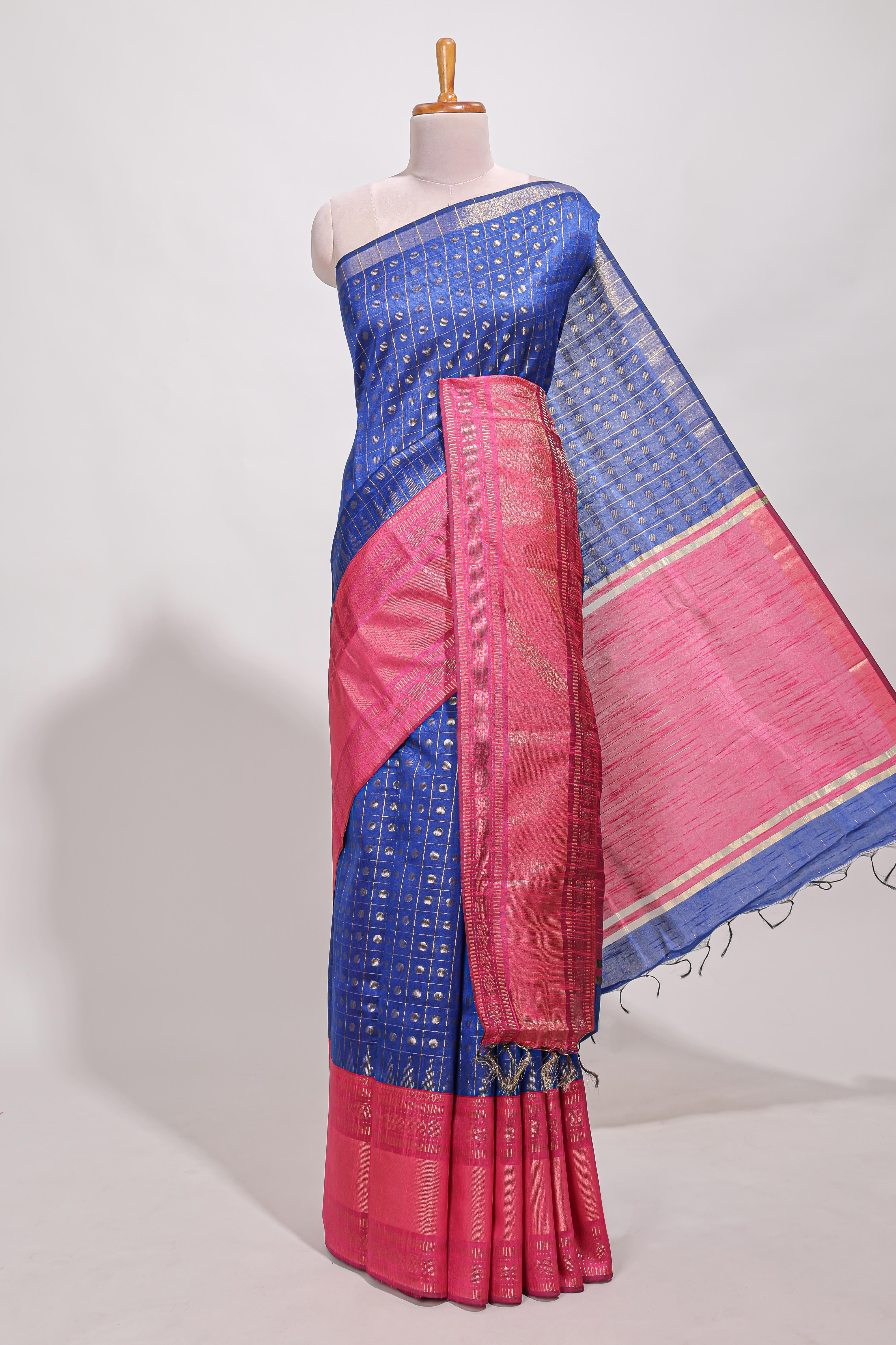 Rich royal blue silk body golden zari butta pattern and Broad golden zari border with contrast blouse