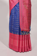 Rich royal blue silk body golden zari butta pattern and Broad golden zari border with contrast blouse
