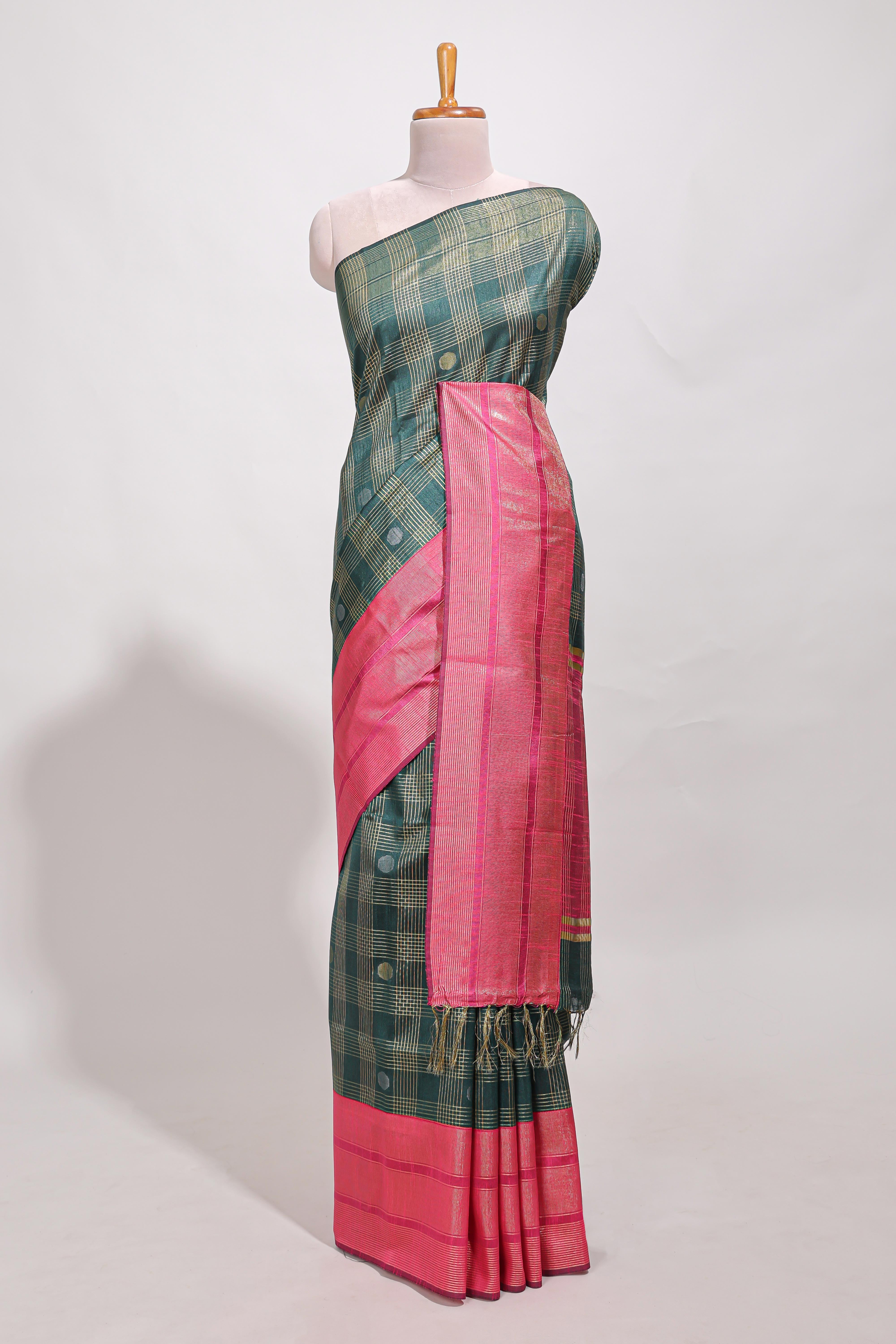 Dark green silk body golden zari butta striped pattern and Broad golden zari border with contrast blouse