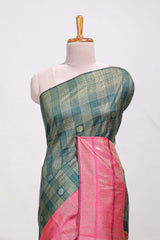 Dark green silk body golden zari butta striped pattern and Broad golden zari border with contrast blouse