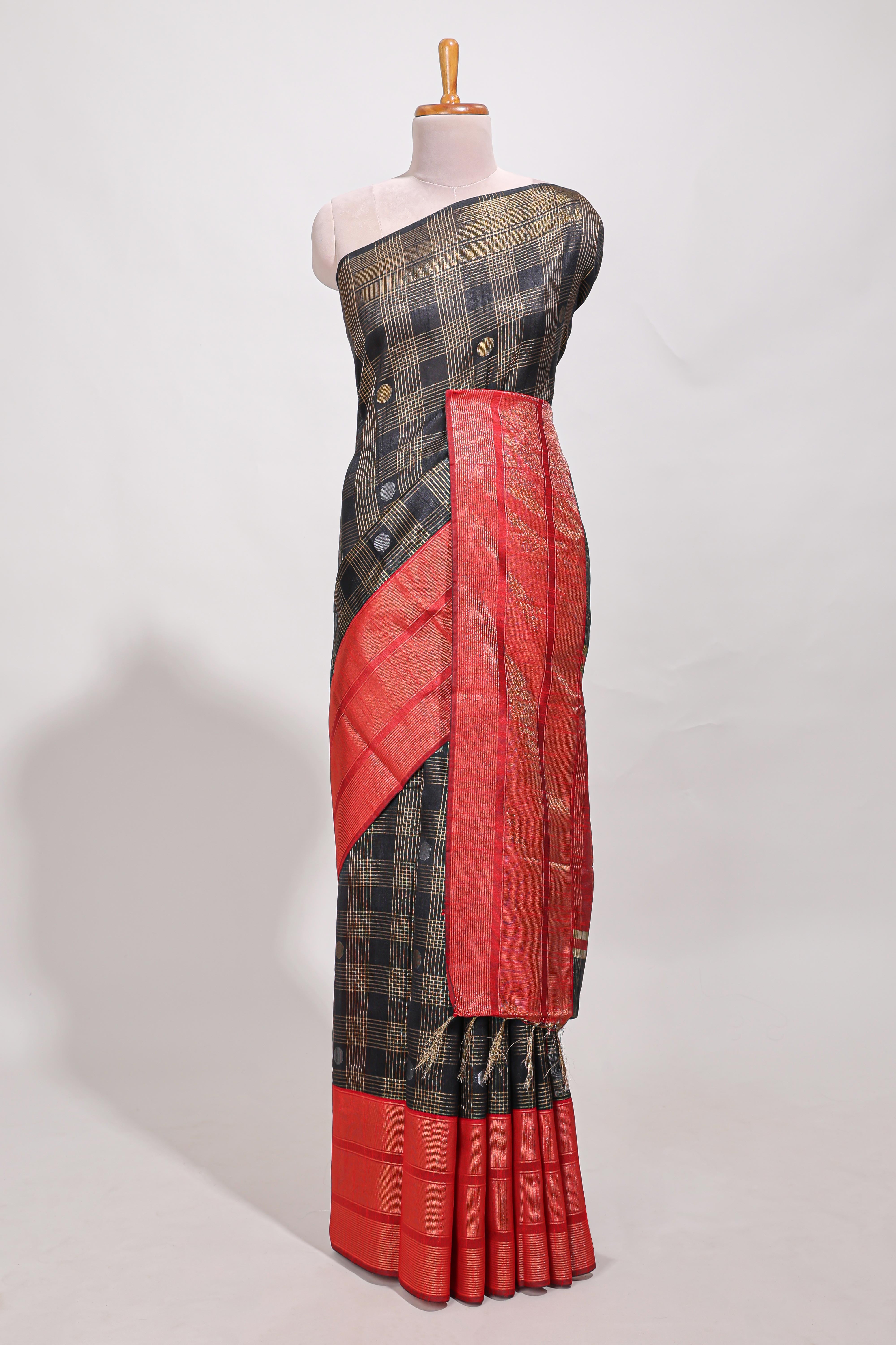 Black silk body golden zari butta striped pattern and Broad golden zari border with contrast blouse