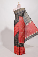 Black silk body golden zari butta striped pattern and Broad golden zari border with contrast blouse