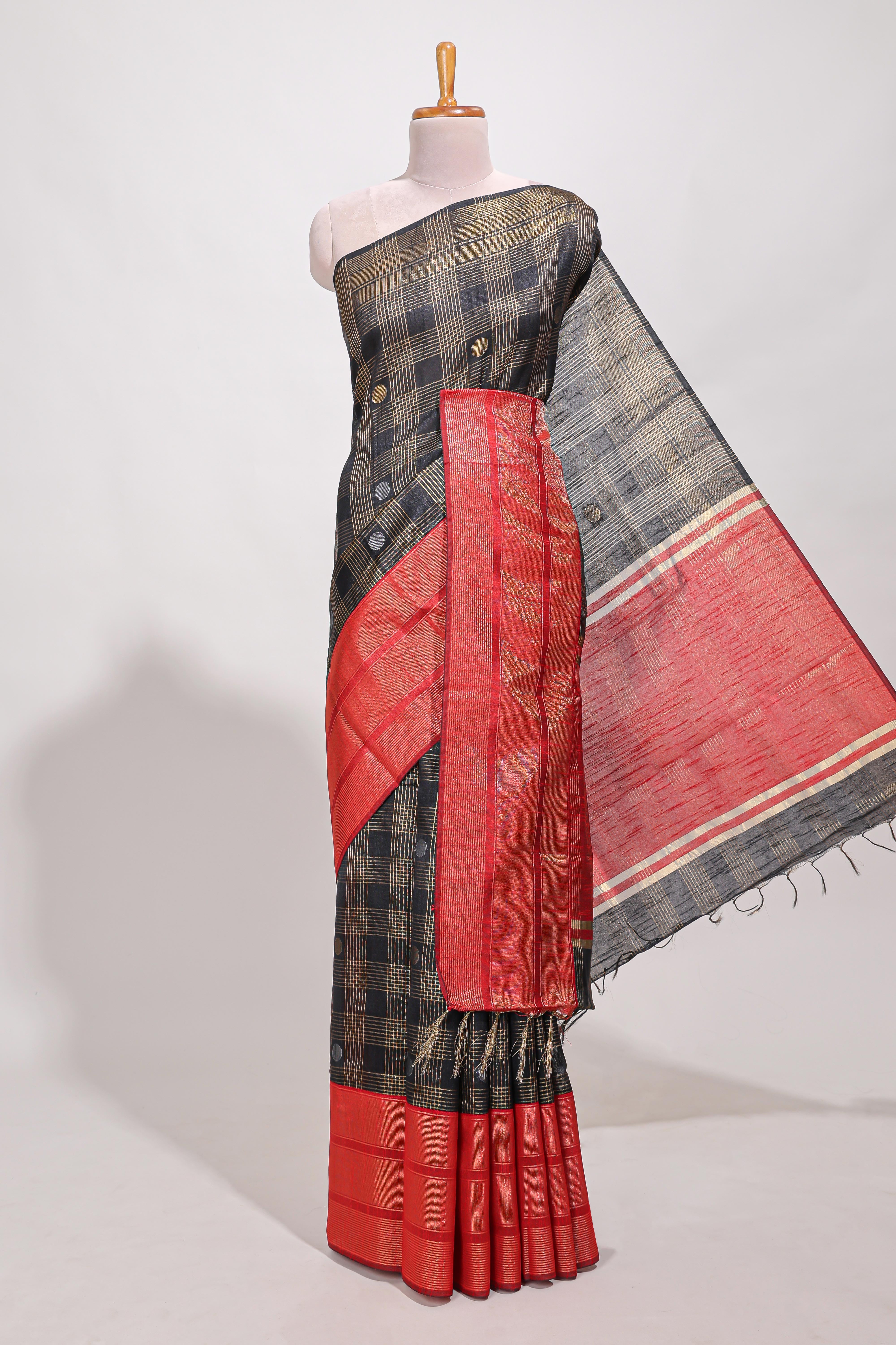 Black silk body golden zari butta striped pattern and Broad golden zari border with contrast blouse