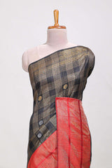 Black silk body golden zari butta striped pattern and Broad golden zari border with contrast blouse