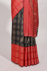 Black silk body golden zari butta striped pattern and Broad golden zari border with contrast blouse