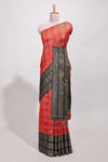 Red silk body golden zari butta striped pattern and Broad golden zari border with contrast blouse