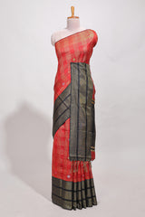 Red silk body golden zari butta striped pattern and Broad golden zari border with contrast blouse