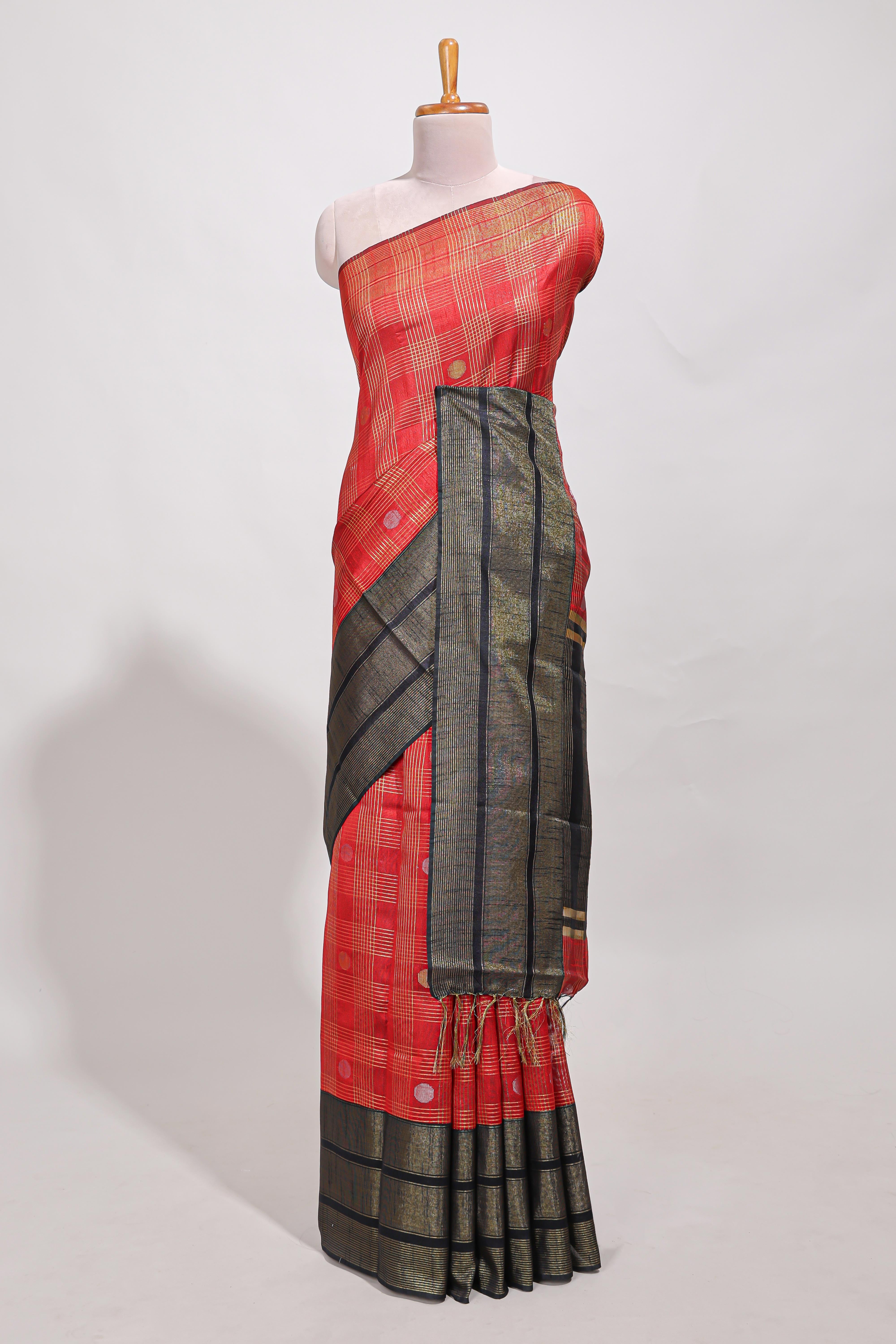 Red silk body golden zari butta striped pattern and Broad golden zari border with contrast blouse