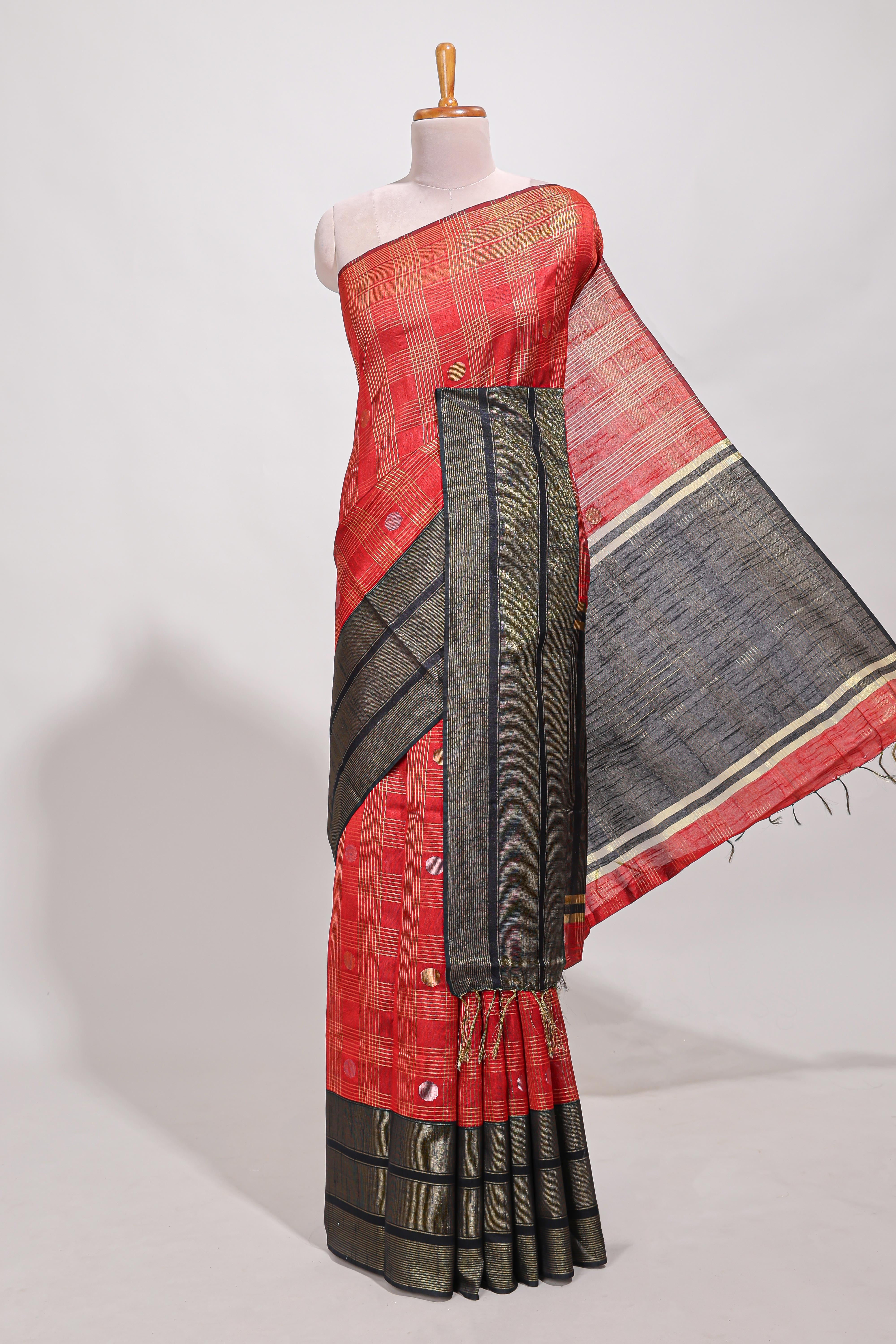 Red silk body golden zari butta striped pattern and Broad golden zari border with contrast blouse