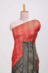 Red silk body golden zari butta striped pattern and Broad golden zari border with contrast blouse