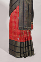 Red silk body golden zari butta striped pattern and Broad golden zari border with contrast blouse