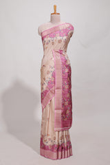 Beige floral semi art tussar saree with floral contrast border pallu and contrast blouse
