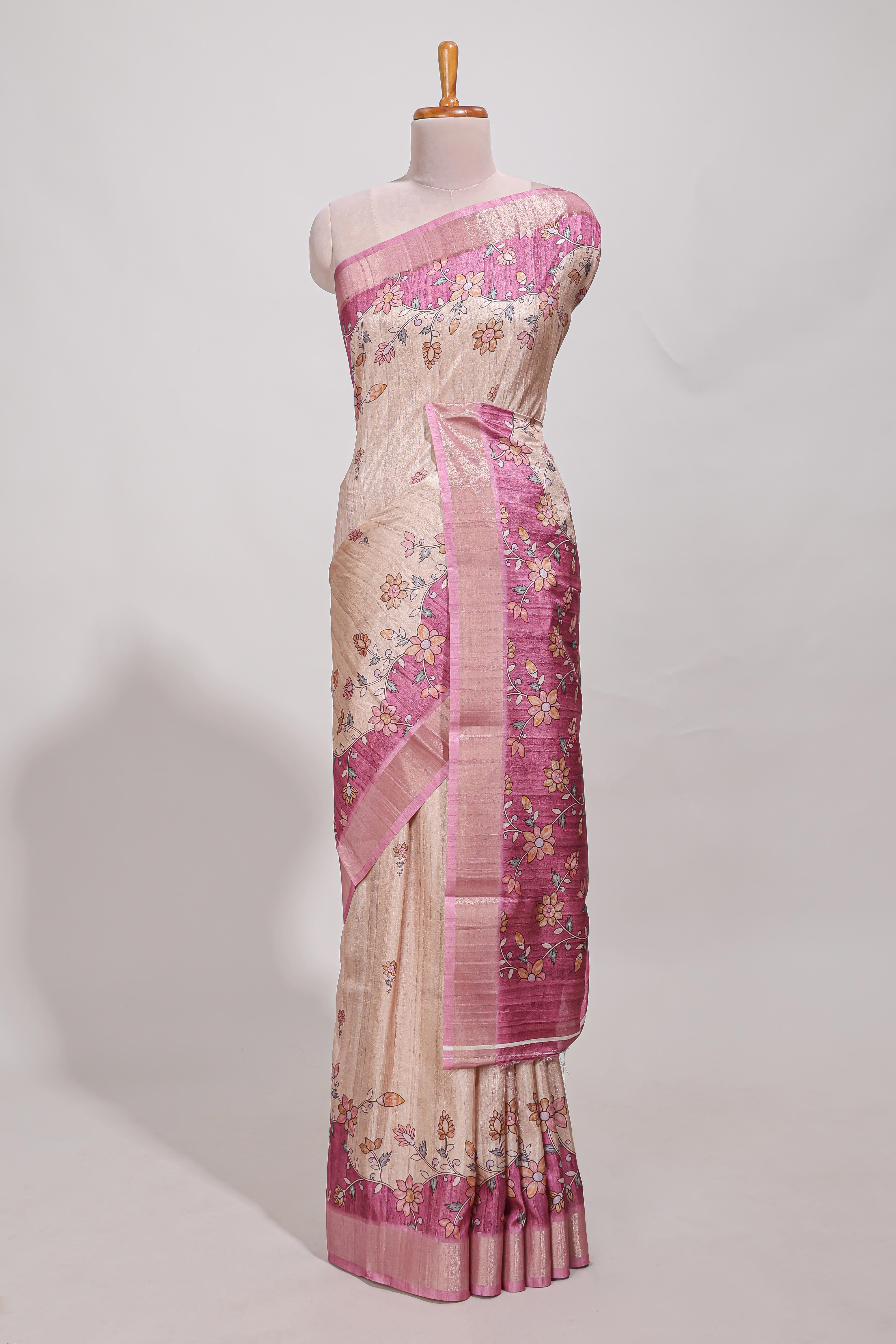 Beige floral semi art tussar saree with floral contrast border pallu and contrast blouse