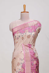 Beige floral semi art tussar saree with floral contrast border pallu and contrast blouse