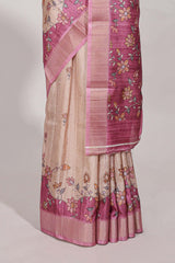 Beige floral semi art tussar saree with floral contrast border pallu and contrast blouse