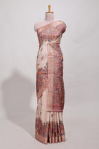 Beige floral semi art tussar saree with floral contrast border pallu and contrast blouse