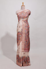 Beige floral semi art tussar saree with floral contrast border pallu and contrast blouse