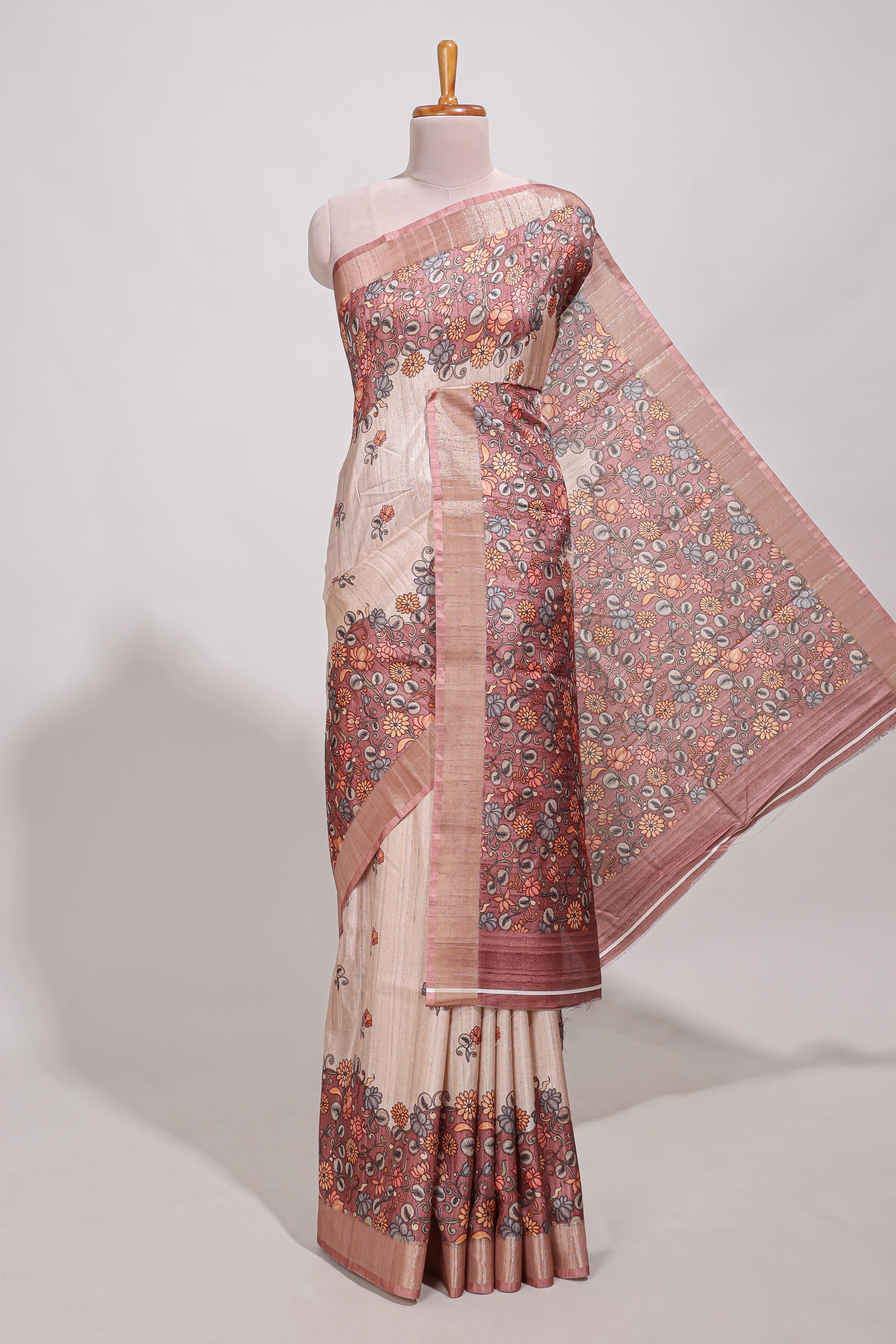 Beige floral semi art tussar saree with floral contrast border pallu and contrast blouse