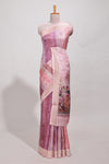 Onion pink kalamakri tussar saree body with floral creeper prints zari border and kalamkari peacock motif print pallu