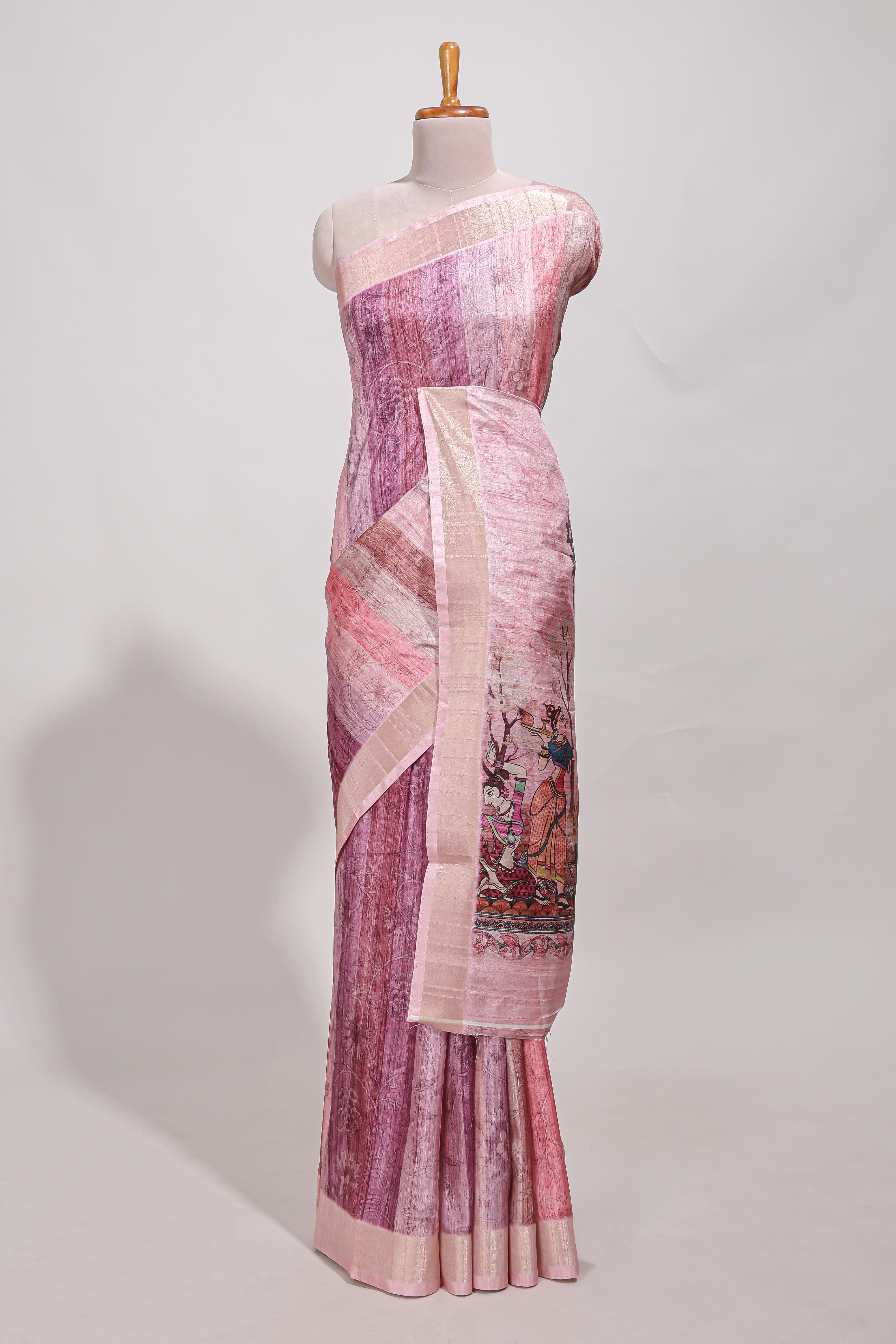 Onion pink kalamakri tussar saree body with floral creeper prints zari border and kalamkari peacock motif print pallu