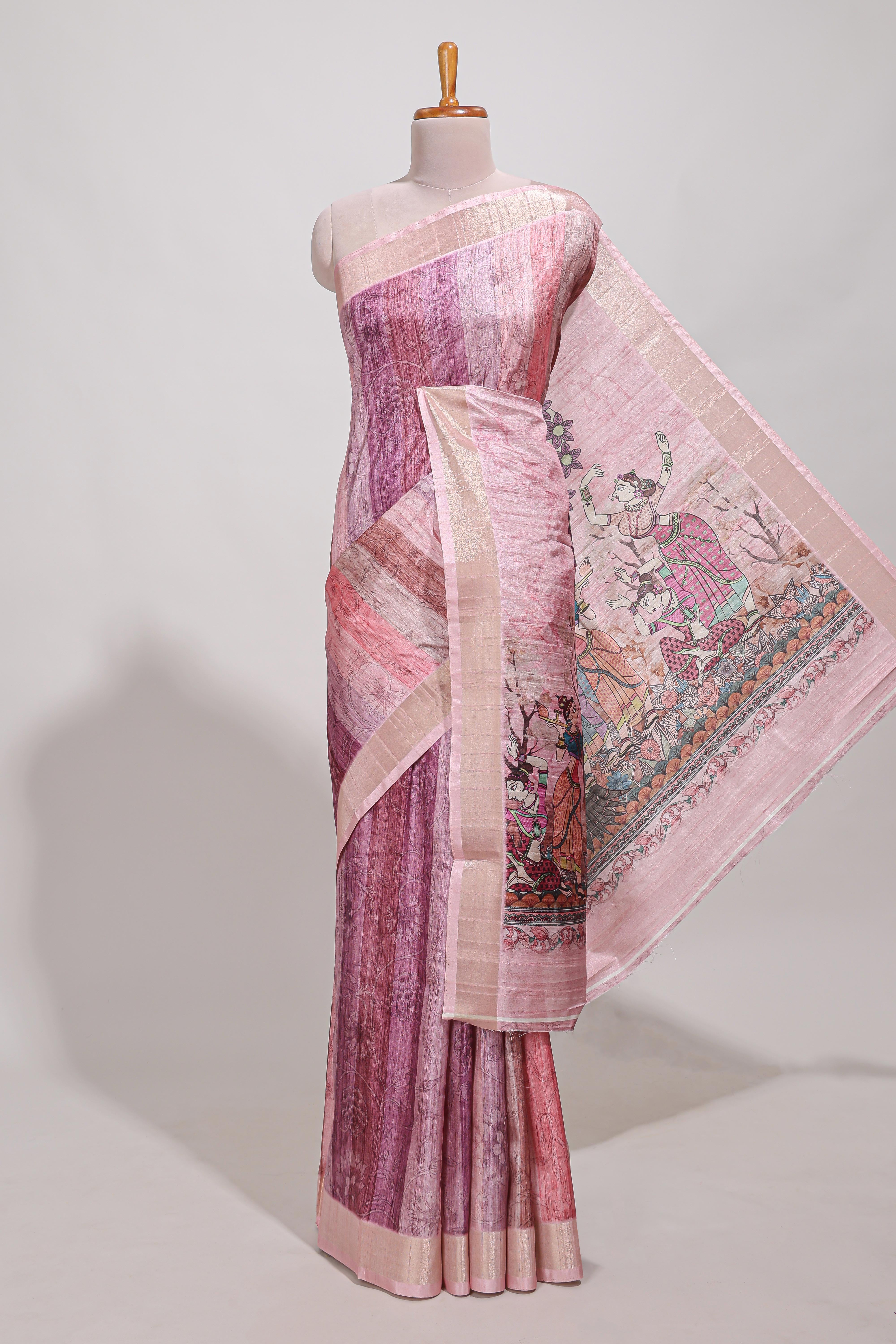 Onion pink kalamakri tussar saree body with floral creeper prints zari border and kalamkari peacock motif print pallu