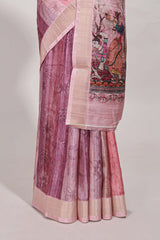 Onion pink kalamakri tussar saree body with floral creeper prints zari border and kalamkari peacock motif print pallu