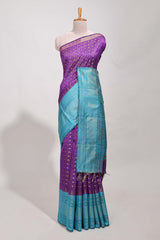 Violet semi tussar saree all over zari checks and buttas with contrast border and contrast blouse