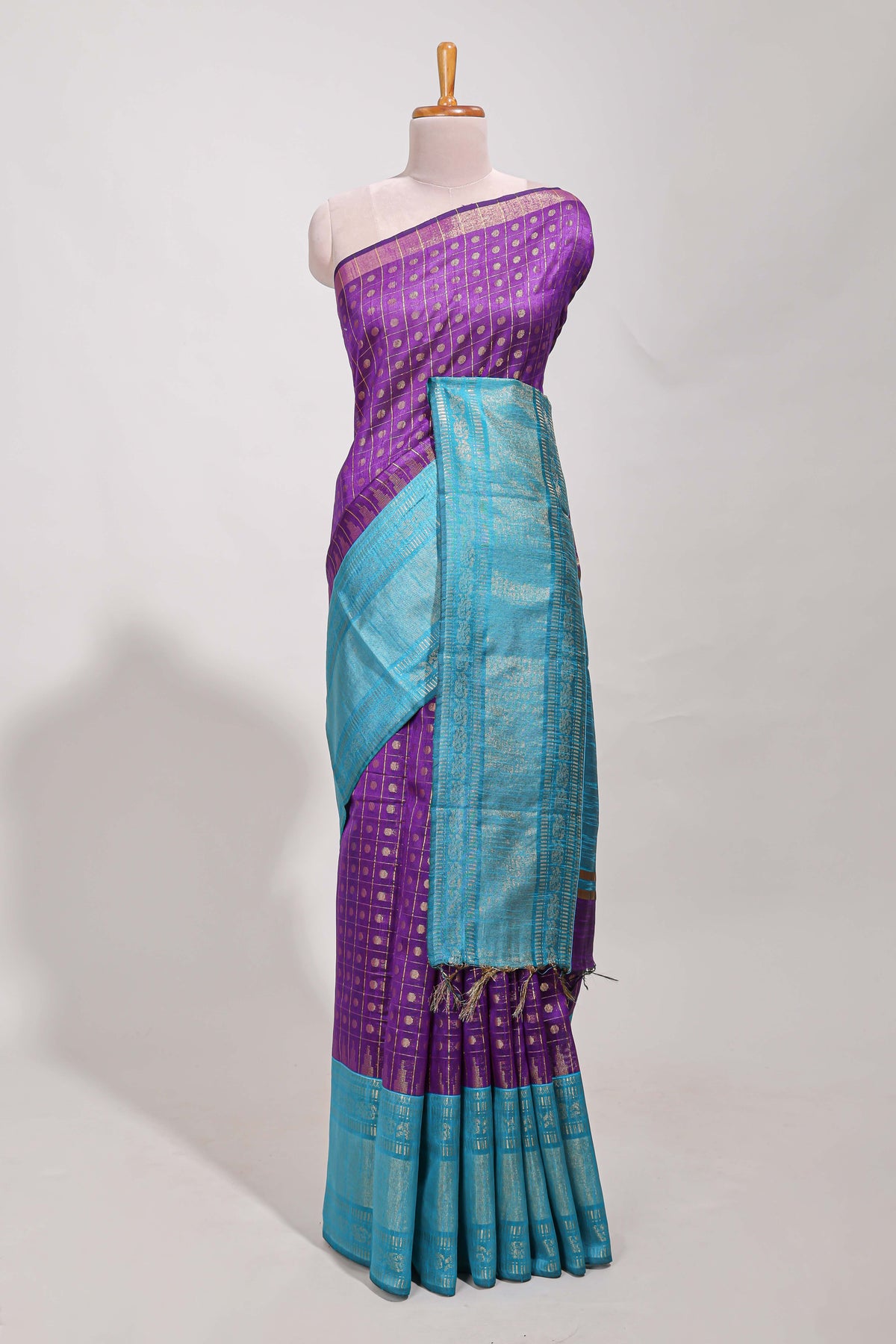 Violet semi tussar saree all over zari checks and buttas with contrast border and contrast blouse