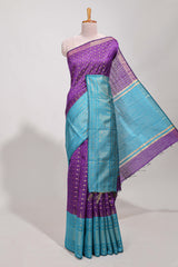 Violet semi tussar saree all over zari checks and buttas with contrast border and contrast blouse