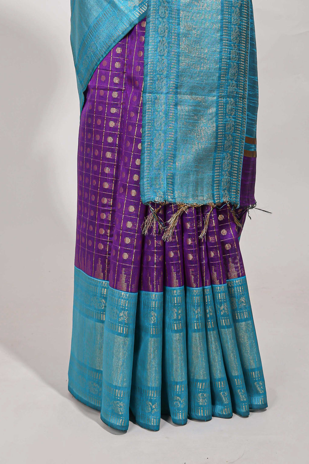 Violet semi tussar saree all over zari checks and buttas with contrast border and contrast blouse