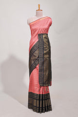 Pink semi tussar saree all over zari checks and buttas with contrast border and contrast blouse