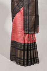 Pink semi tussar saree all over zari checks and buttas with contrast border and contrast blouse