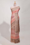 Peach semi tussar saree all hand work embroidery with contrast border and contrast printed printed pallu